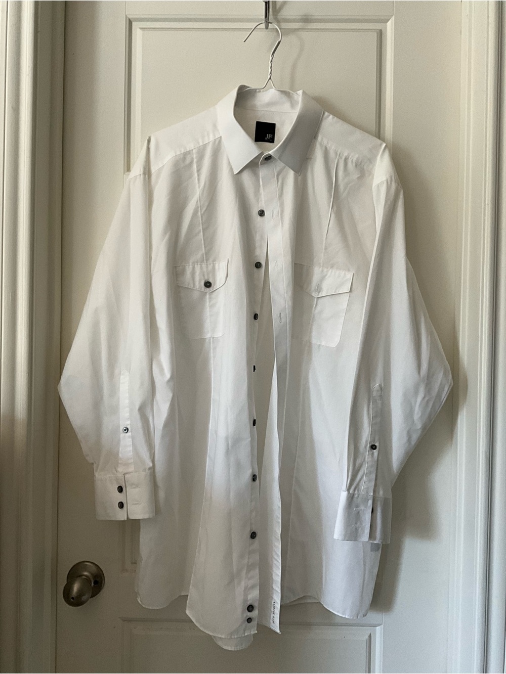 J.Ferrar Men's White Long-Sleeve Dress Shirt with Chest Pockets